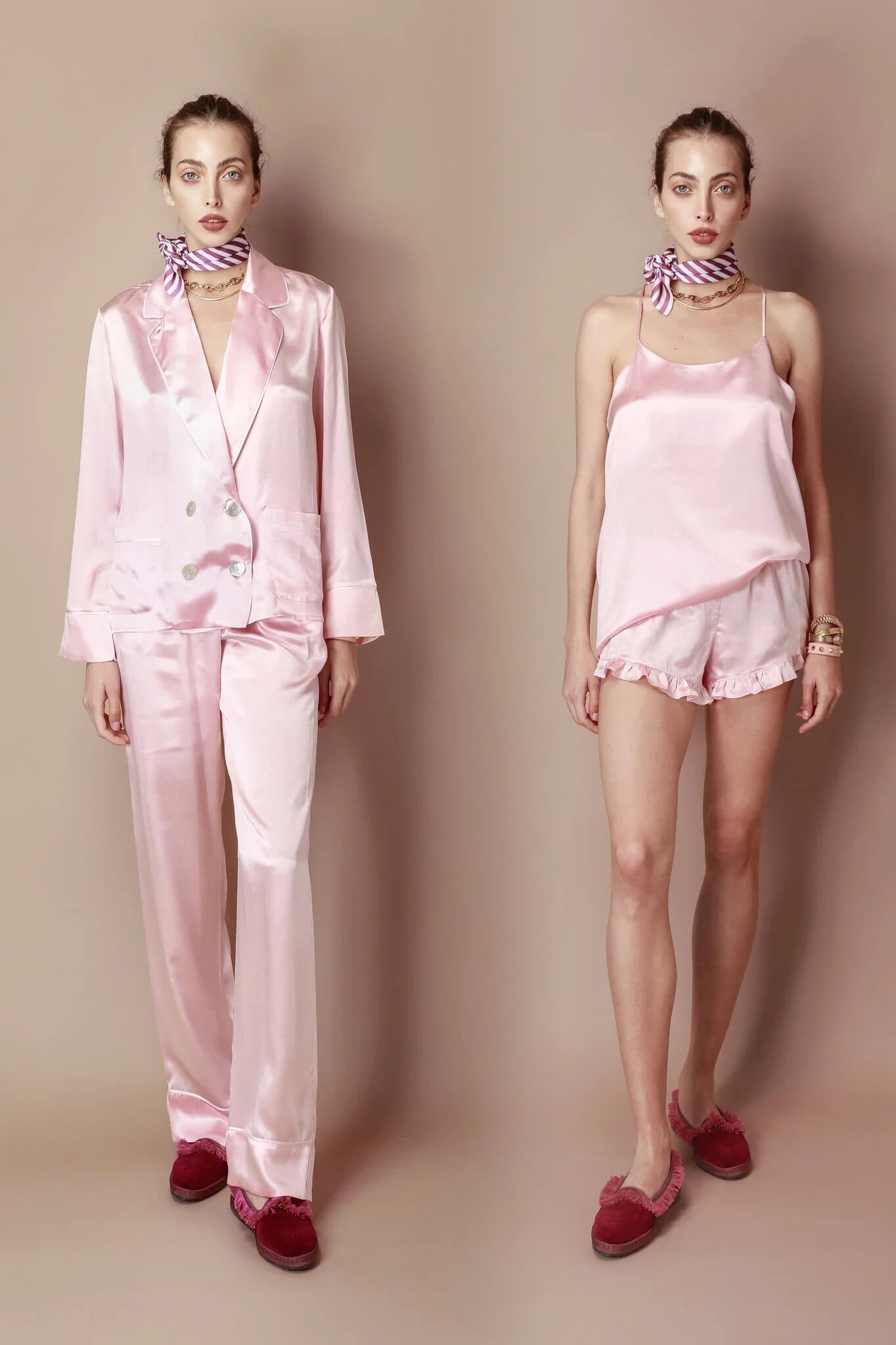 The Ultimate Silk Pajama Bundle Set: Atelier Pajama set & Camisole set in powder pink