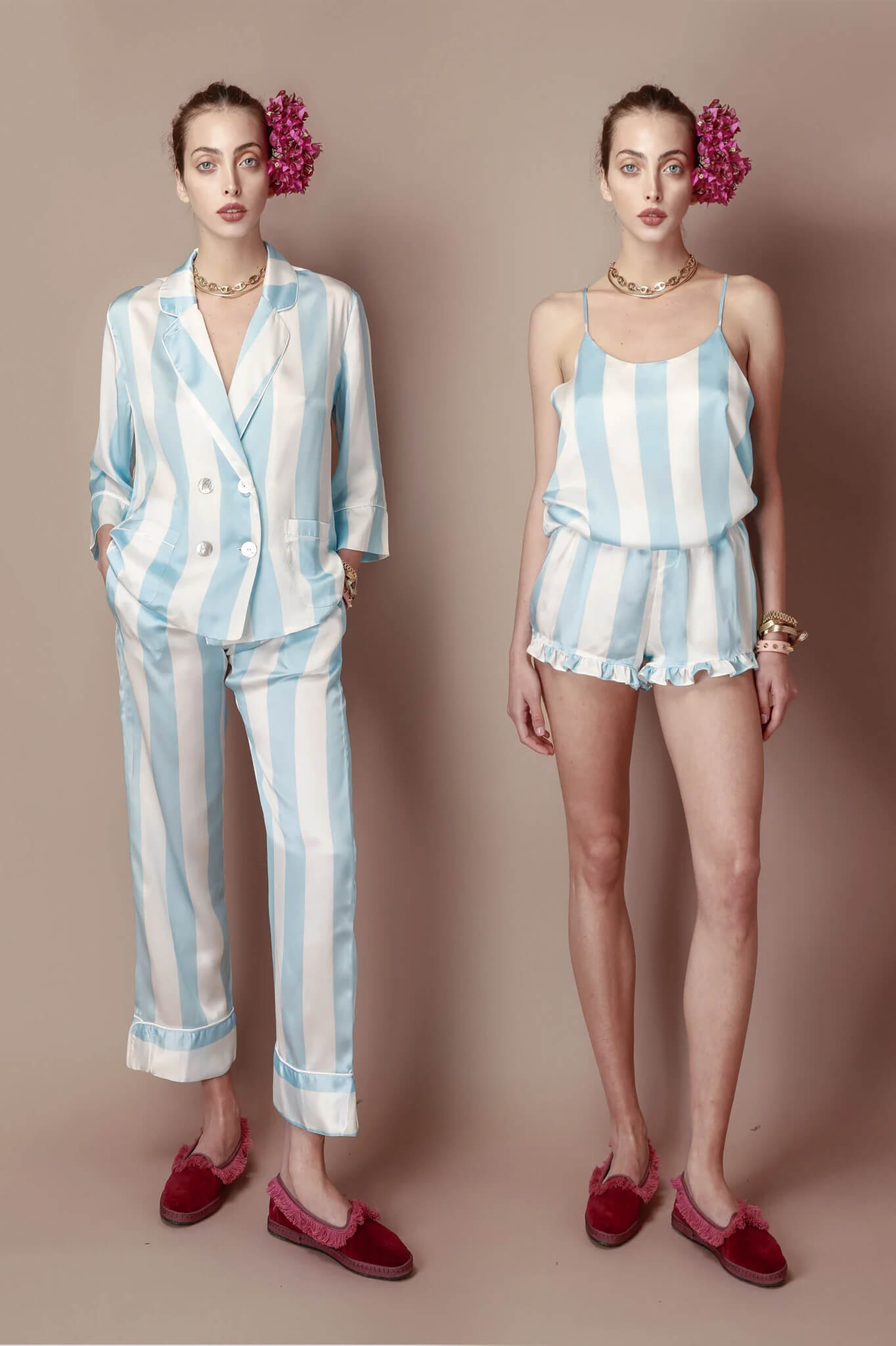 The Ultimate Silk Pajama Bundle Set: In Me I Trust Pajama set & Camisole set in pastel blue