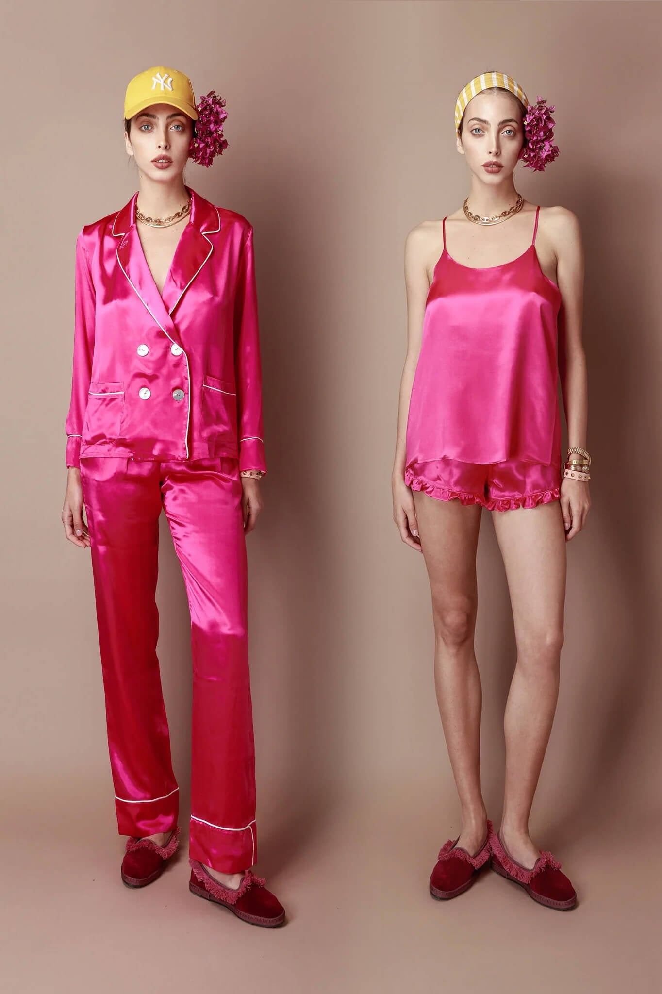 The Ultimate Silk Pajama Bundle Set: Atelier Pajama set & Camisole set in signature fuchsia