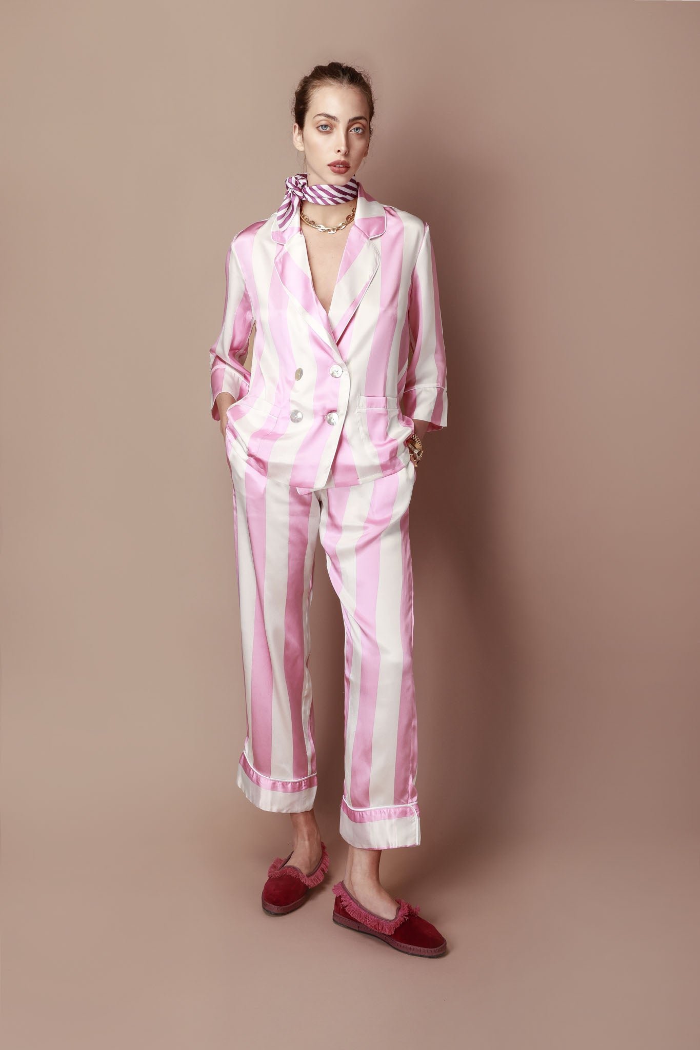 Silk Pajama Set in Striped Pastel Pink and White from the In Me I Trust Collection