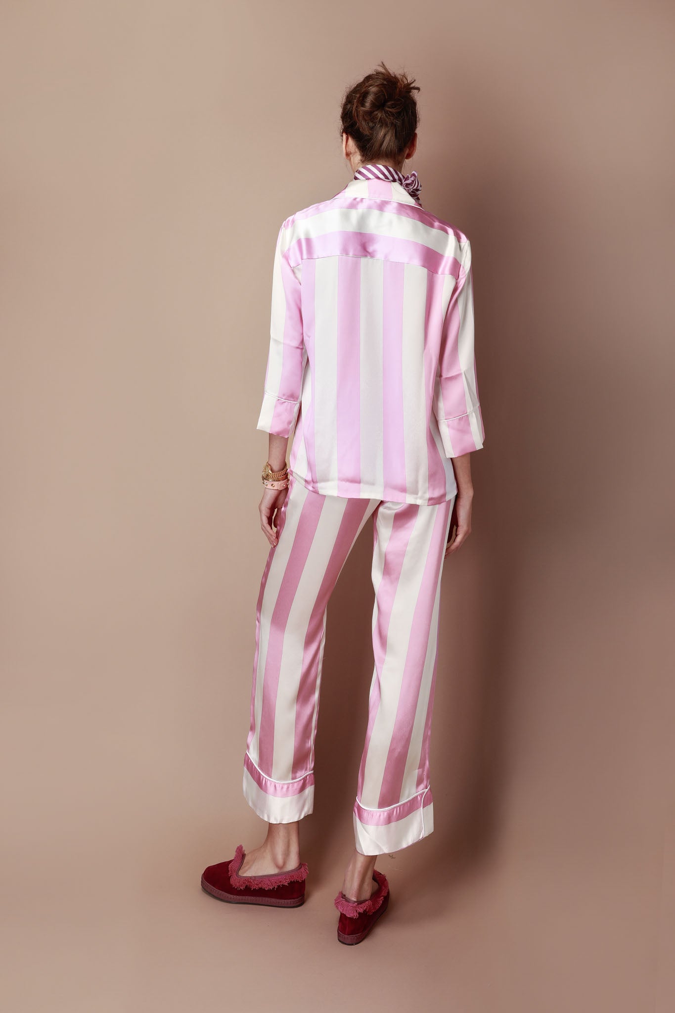 Silk Pajama Set in Striped Pastel Pink and White from the In Me I Trust Collection