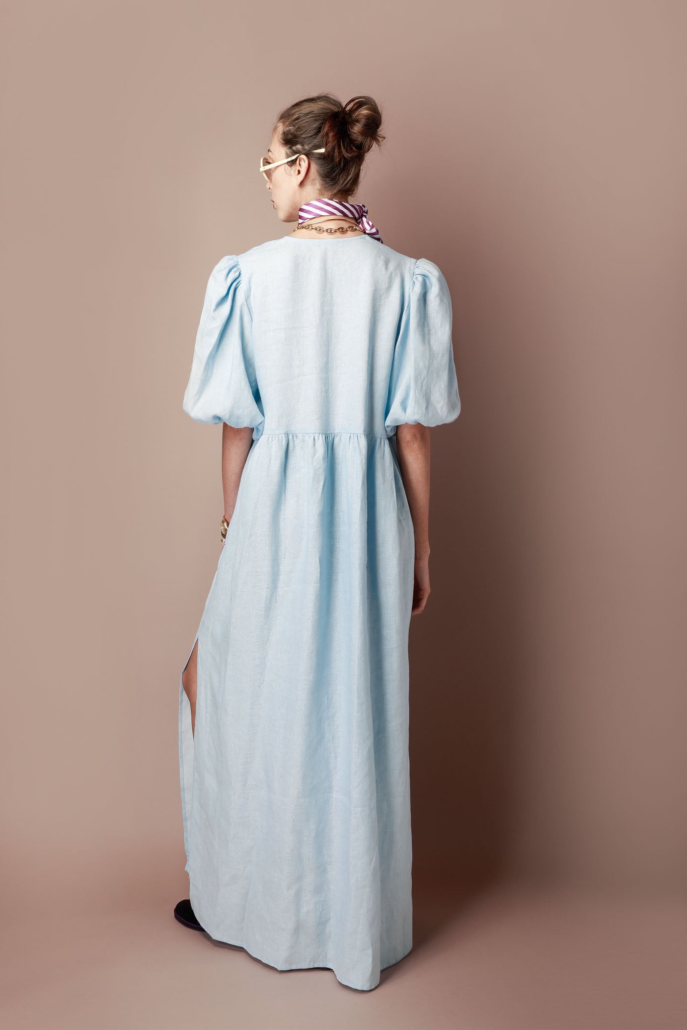The Bella Long Linen Dress in Mediterranean Blue Favette The Bella Long Linen Dress in Mediterranean Blue Favette