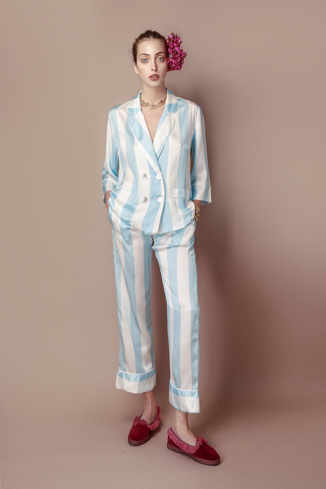 In me I trust Capsule Collection: Pajama Set in light blue stripes with signature embroidery