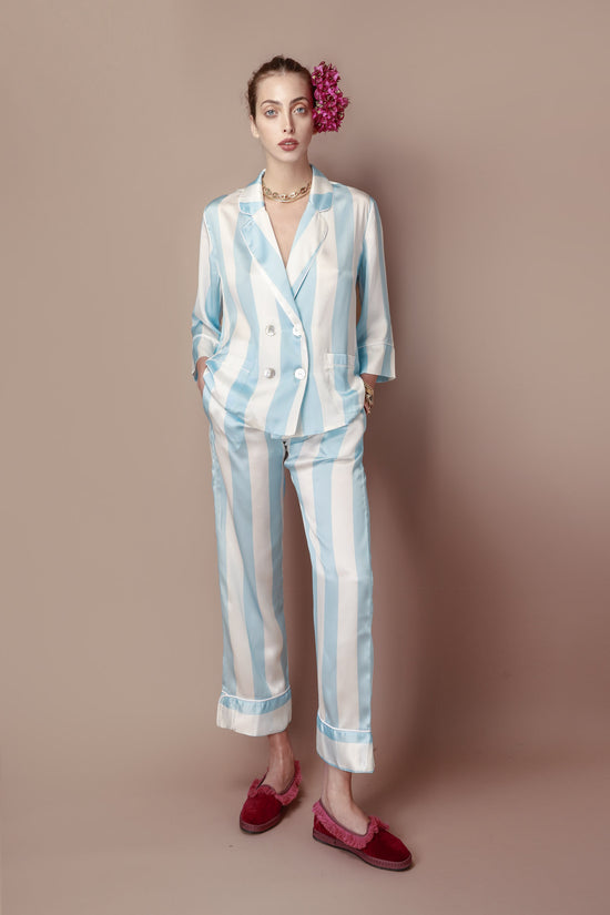 Load image into Gallery viewer, In me I trust Capsule Collection: Pajama Set in light blue stripes with signature embroidery
